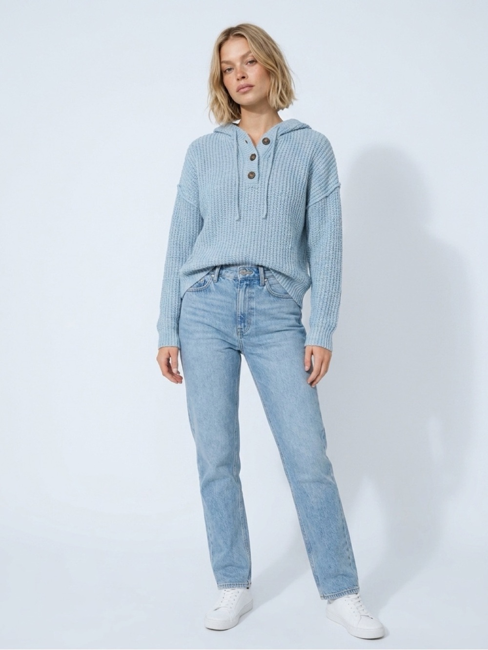 Ultra Flirt Light Blue Button-Front Hoodie Sweater